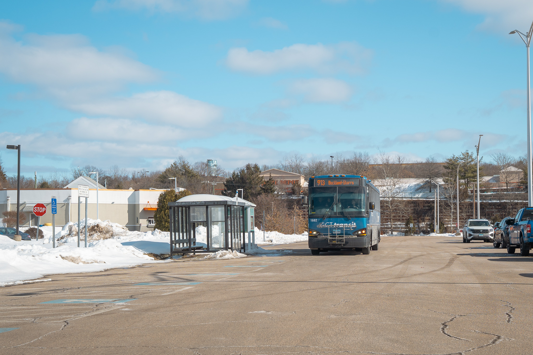 Five diverse CTtransit buses, ranging from express coaches to electric and articulated models,  parked in a row.