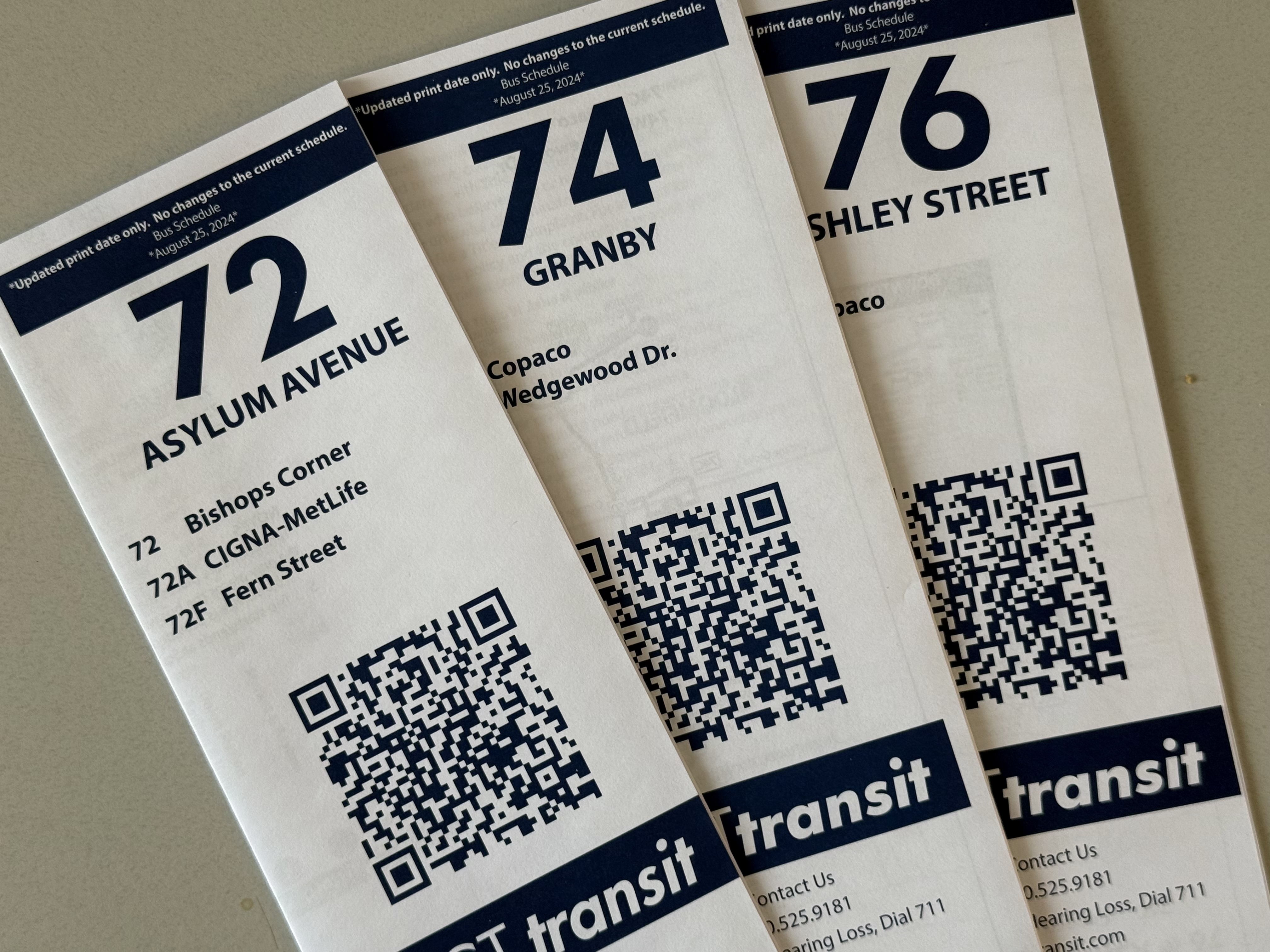 Three bus schedule brochures showing routes 72, 74, and 76 with QR codes for CT Transit, featuring route names like Asylum Avenue, Granby, and Ashley Street.